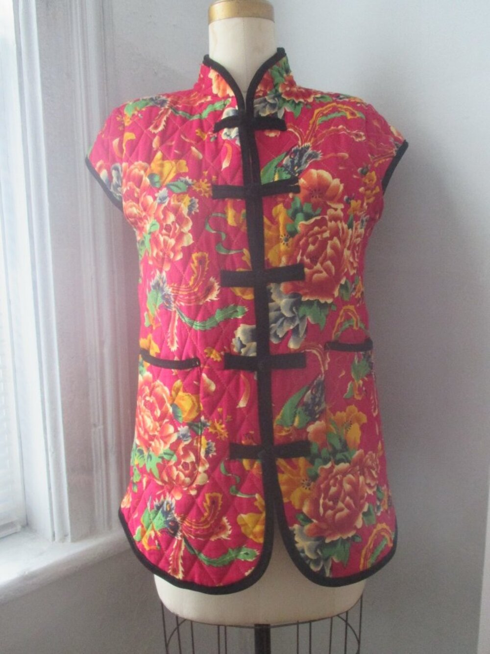 Quilted Vest Polychrome Florals Black Velvet Trim Not really an XL